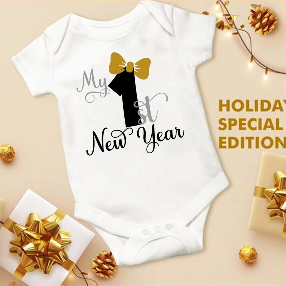 My First New Year Printed Baby Romper New Year Infant Romper Short Sleeve Jumpsuit Toddler Holiday Clothes Newborn Shower Gifts
