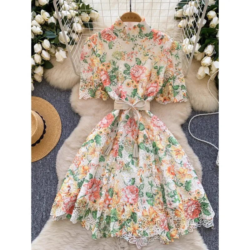 2025 New Dresses Women French Strap Waist High Neck Bubble Sleeve Hollow Hook Flower Lace A-line Short Vestidos
