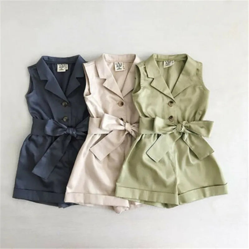 1-6years Baby Girl Sleeveless Romper Solid Navy Blue Beige Green Button Shorts With Belt Jumpsuit For Infant Girl Casual Overall