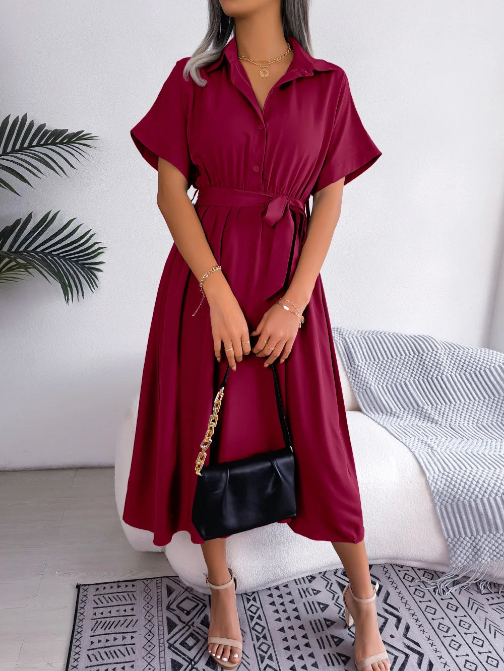 2026 Summer Turn-down Collar Solod Color Women Shirt Dress Fashion New Short Sleeve Loose Casual Elegant Lace-up Long Dresses