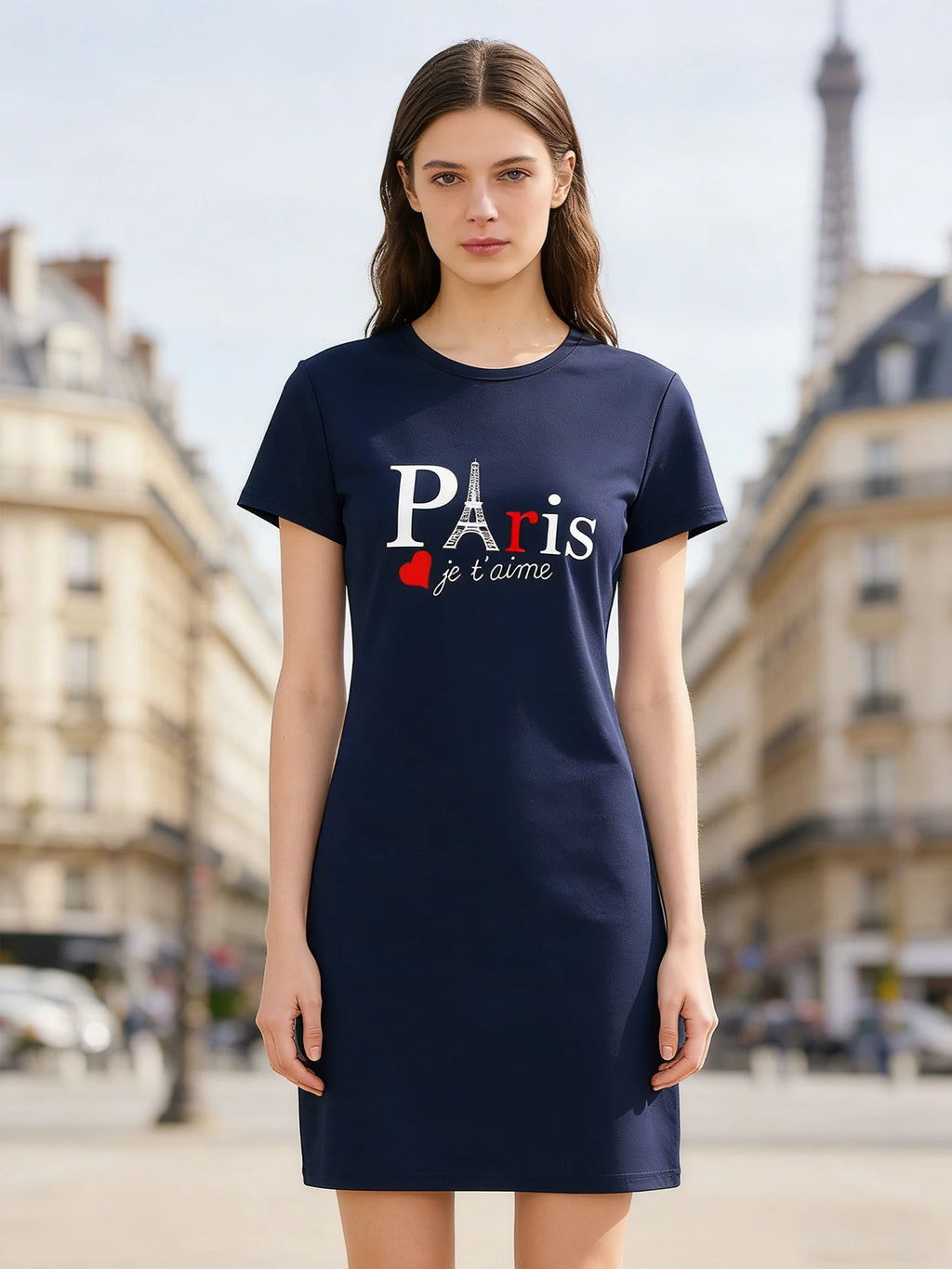 Women's Fashionable Casual Dress, Spring and Summer Casual Short-Sleeved Dress, Paris Je T'Aime Printed Fitted Dress, Sailor Col