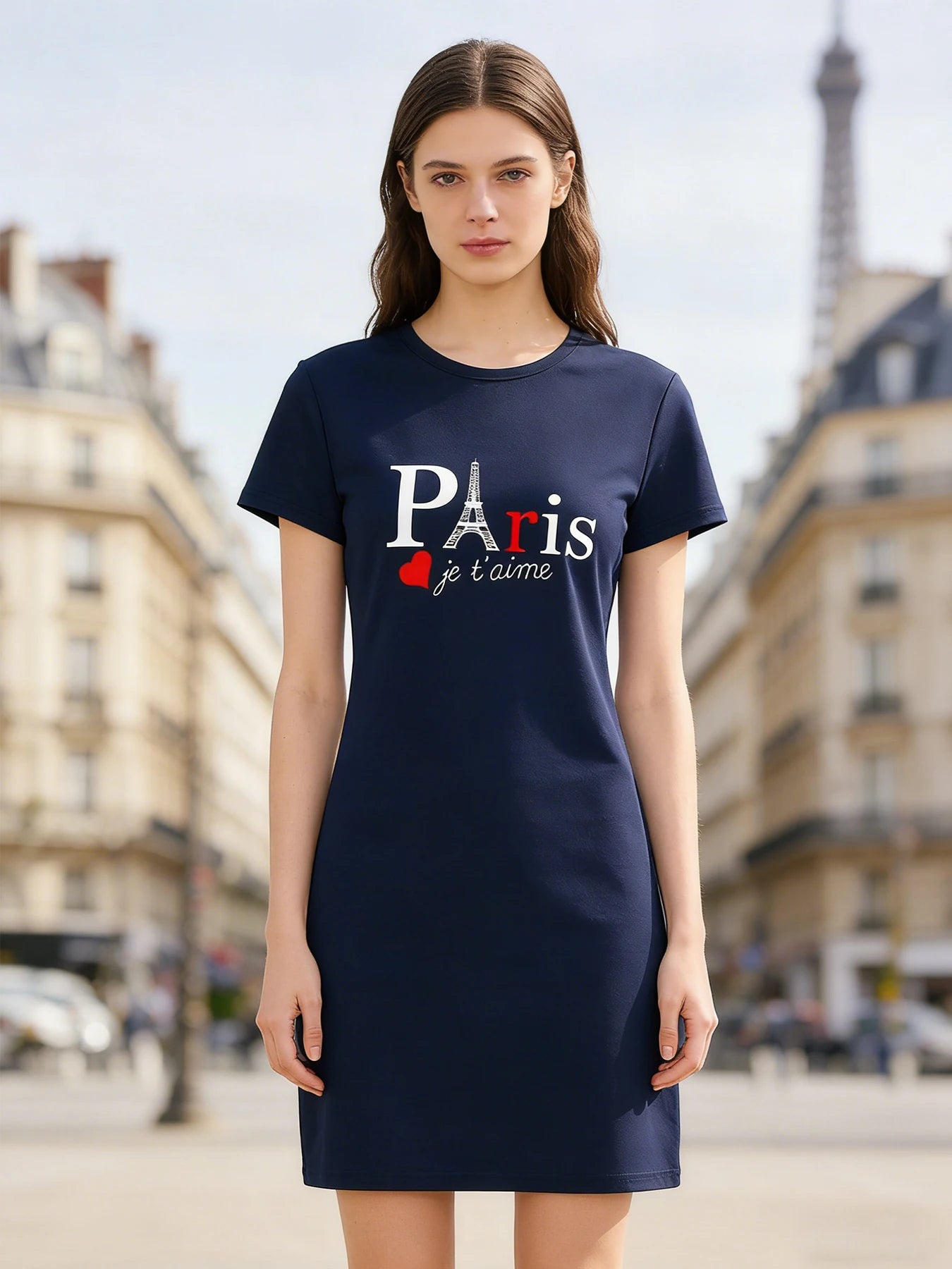 Women's Fashionable Casual Dress, Spring and Summer Casual Short-Sleeved Dress, Paris Je T'Aime Printed Fitted Dress, Sailor Col