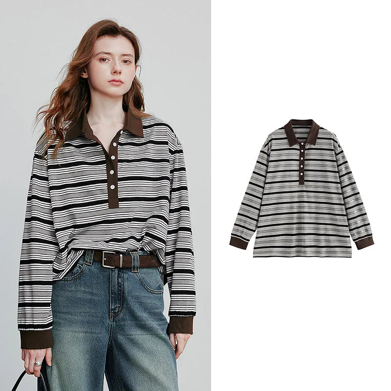 TOYOUTH Women Long Sleeve T-shirt 2025 Autumn New Striped Turn Down Collar Contrasting Casual Pullover Tops