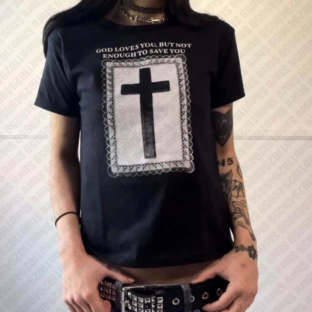 Y2K Fashion Emo Girl Streetwear Harajuku Goth Short Sleeve T-shirts Black Crop Tops Slim 2000s Punk Print Cute Graphic Baby Tees