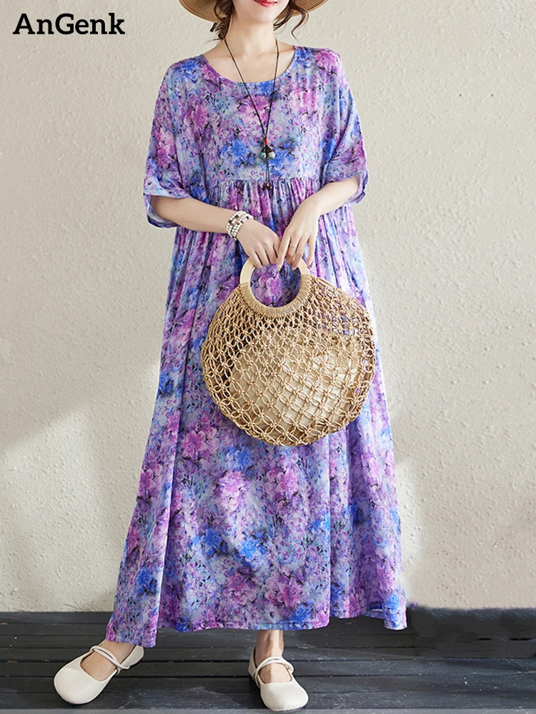 Cotton Short Sleeve Purple Print Vintage Long Dresses For Women 2026 Summer Casual Loose Dress Femme Vestidos Elegant Clothing