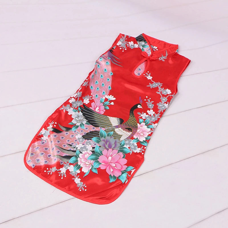 Cheongsam Dress Baby Girl Qipao Summer Clothes Peacock Sleeveless Slim Traditional Dress Child Girls Clothes Chinese Style