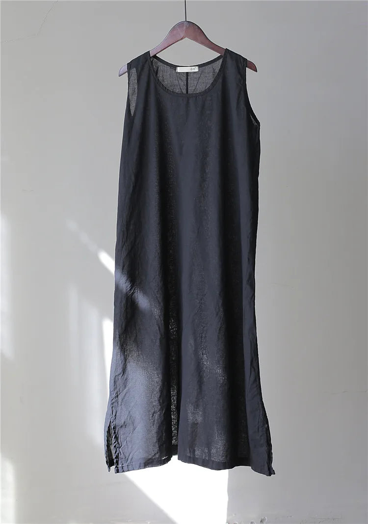 Johnature 2025 Summer 5 Colors Vintage Loose Dress Women Sleeveless Solid Color O-neck Thin Simple Render Comfortable Dress New