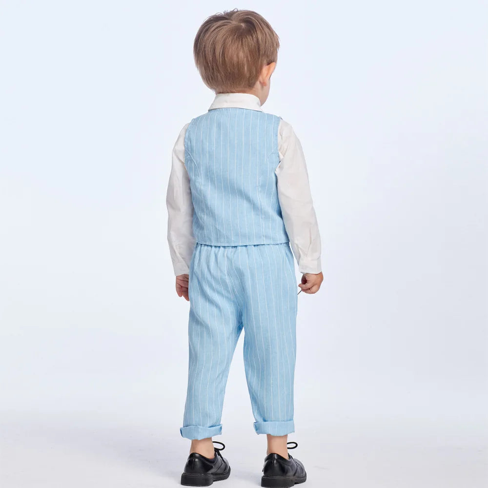 2026 Baby Boy Gentleman Suit Toddler Bow Tie White Shirt Vest+Pants Stripe Sets 3Pcs Formal Birthday Wedding Kids Party Clothes