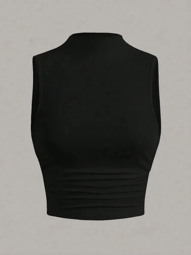 Casual Mock Neck Sleeveless Tank Top for Women Summer Sexy Solid Color Slim Fit Stand Collar Crop Top Streetwear 2024