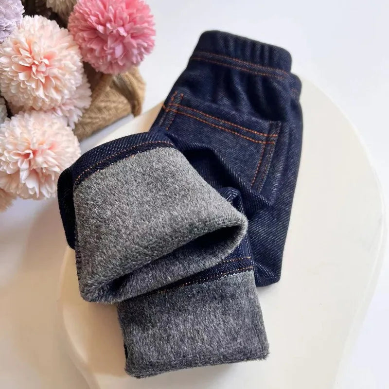 Autumn Winter Children's Jeans Boys and Girls' Solid color Thin Velvet Elastic Belt Jeans Infant Elastic Denim Pants1-6Y