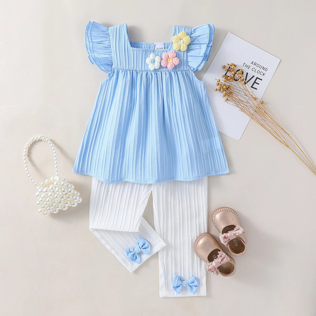 2025 Toddler Kids Girl Smocked Fly Sleeve Top &Pants 2 Piece Set 3D Flower Children Summer Causal Outfits For 1-6Y  Clothes Suit