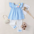 2025 Toddler Kids Girl Smocked Fly Sleeve Top &Pants 2 Piece Set 3D Flower Children Summer Causal Outfits For 1-6Y  Clothes Suit