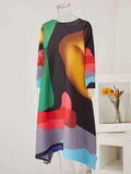 LANMREM Irregular Printing Pleated Dress Women's Round Neck Loose Contrast Color Dresses Female 2025 Spring Summer Tide 2R1504