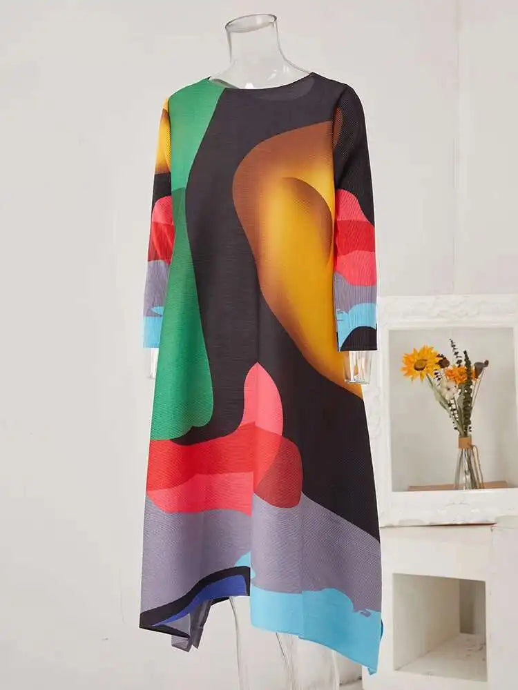 LANMREM Irregular Printing Pleated Dress Women's Round Neck Loose Contrast Color Dresses Female 2025 Spring Summer Tide 2R1504