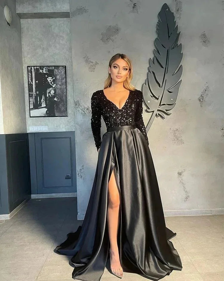 Cross-Border New Single Shoulder Long Sleeve Bead V-Neck Maxi Dress Evening Gown Slit Long Skirt Wide Hem Sparkling Split Dress