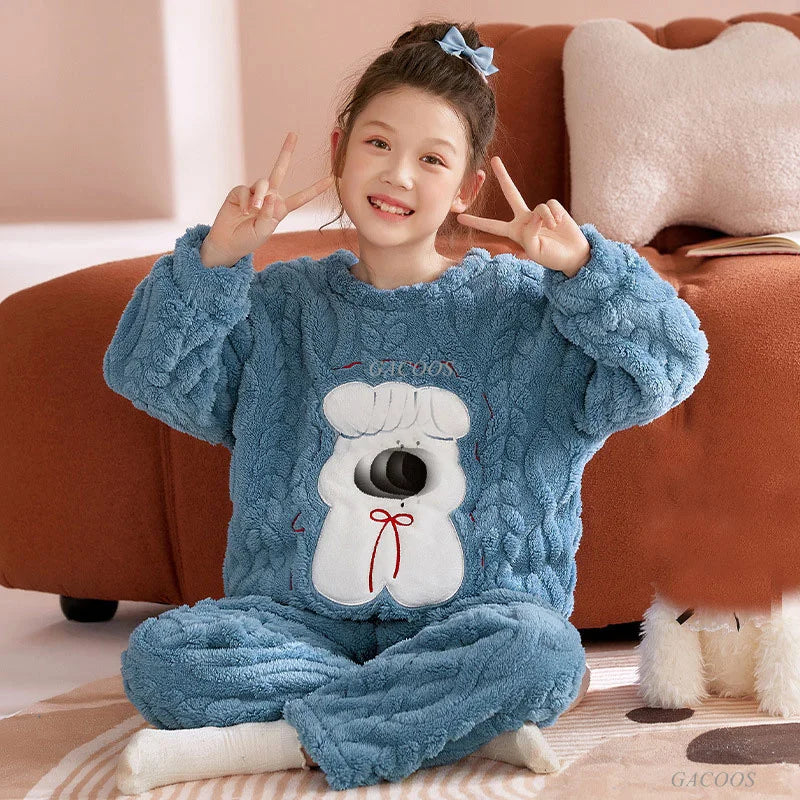 Flannel Pajamas For Boy Flannel Warm Pyjamas Kids Thicken Cartoon Teens Sleepwear Cute Big Boys Girls Night Clothes 10 12 14 16Y