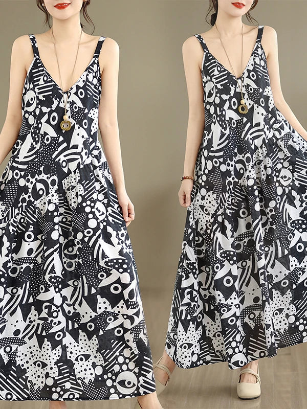 Soft Skin-Friendly Thin Cotton Linen Print V-Neck Waist-Cinched Strap Dress Large Size Summer Long Skirt Women's Dress