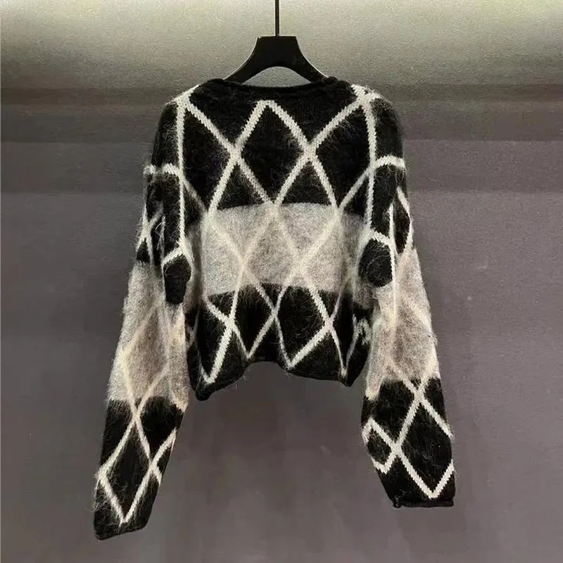Fashion Color Matching Rhombus Square Knitting Bottoming Shirt Women New Classic Long Sleeve O-collar Loose Sweaters Lady Top