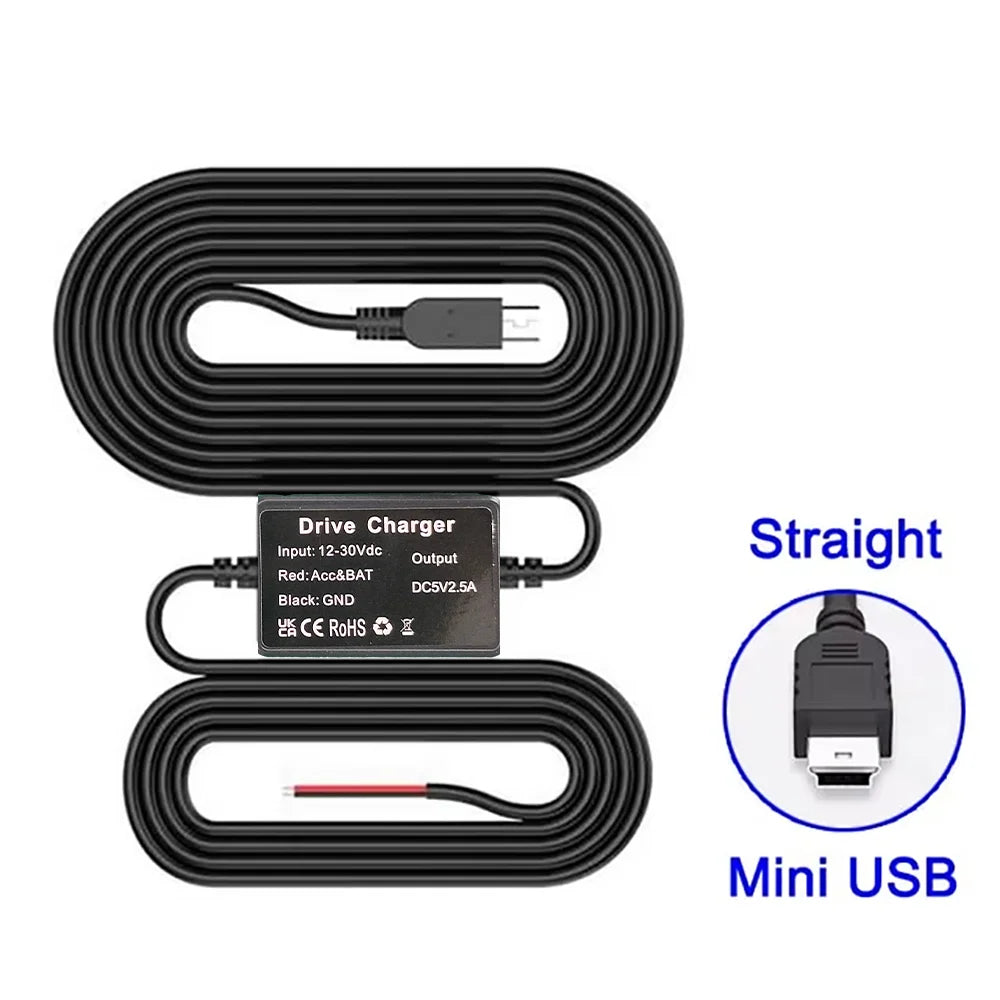Car Dash Cam step-down Wire 3.2m DVR Hardwire Cable Kit Video Recorder 12–24V to 5V Mini/Micro USB Charger Cable for Car Dashcam