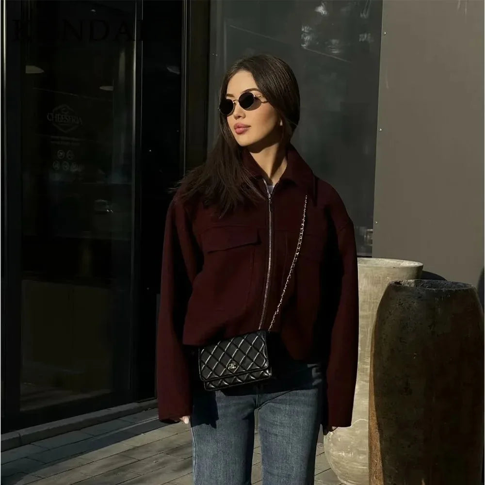 KONDALA 2026 Spring Summer Casual Women Wine Red Jackets Fashion Streetwear Zipper Pockets Turn Down Collar Chic Ladies Jackets