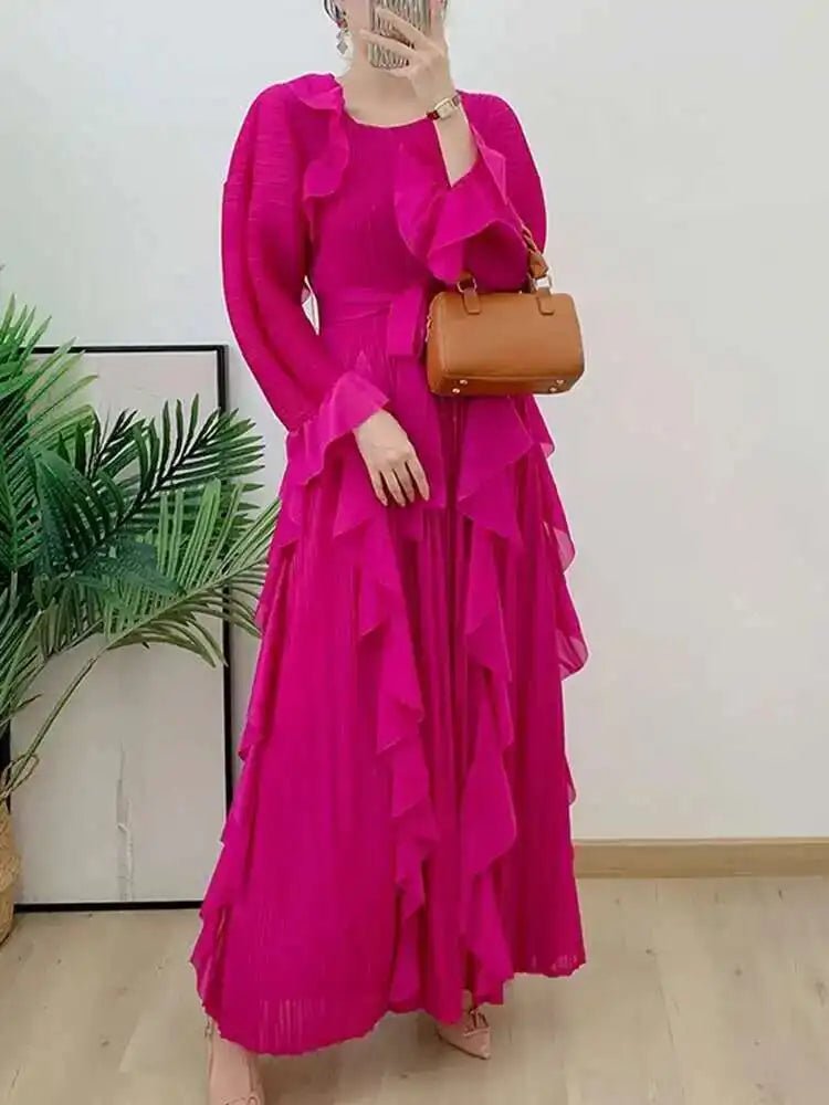 LANMREM Fashion Ruffles Pleated Dress Women Round Neck Flare Sleeves Solid Maxi Belt Dresses Party 2025 Spring New 2AA1502