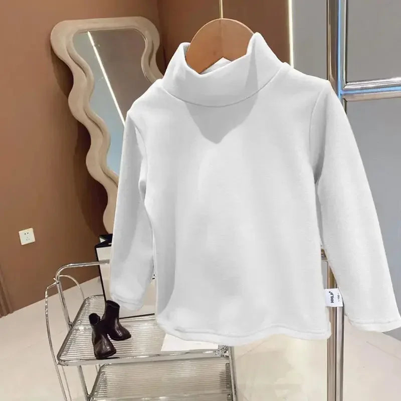 Winter Baby Warm Top Boys Girls Velvet Inner Solid Color Bottom Children's Half High Collar Long Sleeve T-shirt Kids Clothes