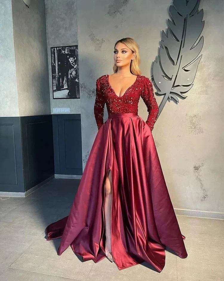 Cross-Border New Single Shoulder Long Sleeve Bead V-Neck Maxi Dress Evening Gown Slit Long Skirt Wide Hem Sparkling Split Dress