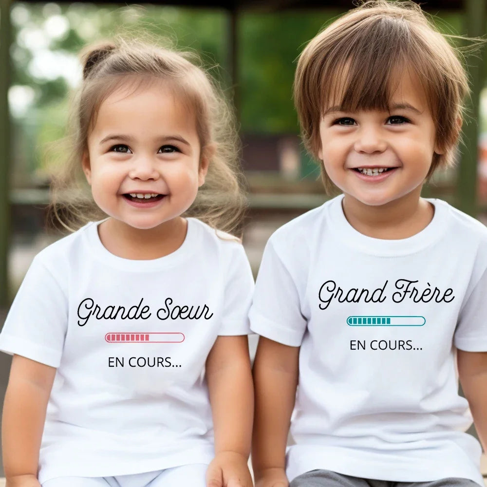 Big Sister Big Brother in Progress French Printed T-shirt Pregnant  Announcement Shirt  Kids Tshirt Tops Boys Girls Summer Tee