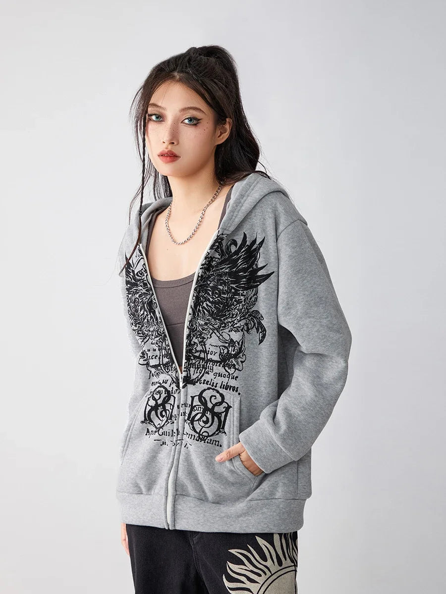 Halloween Women Oversized Full Zip Hoodies Fashion Vintage Wings Print Long Sleeve Oversized Sweatshirts Jackets with Pockets