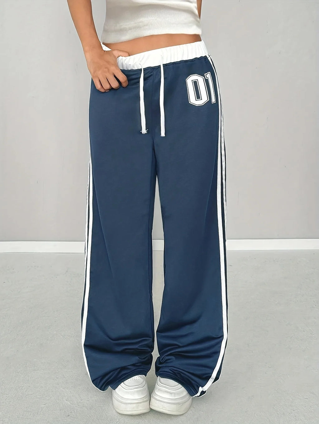 Girls Wide Leg Track Pants Number 01 Print Side Stripe Elastic Drawstring Waist Kids Casual Sporty Pants