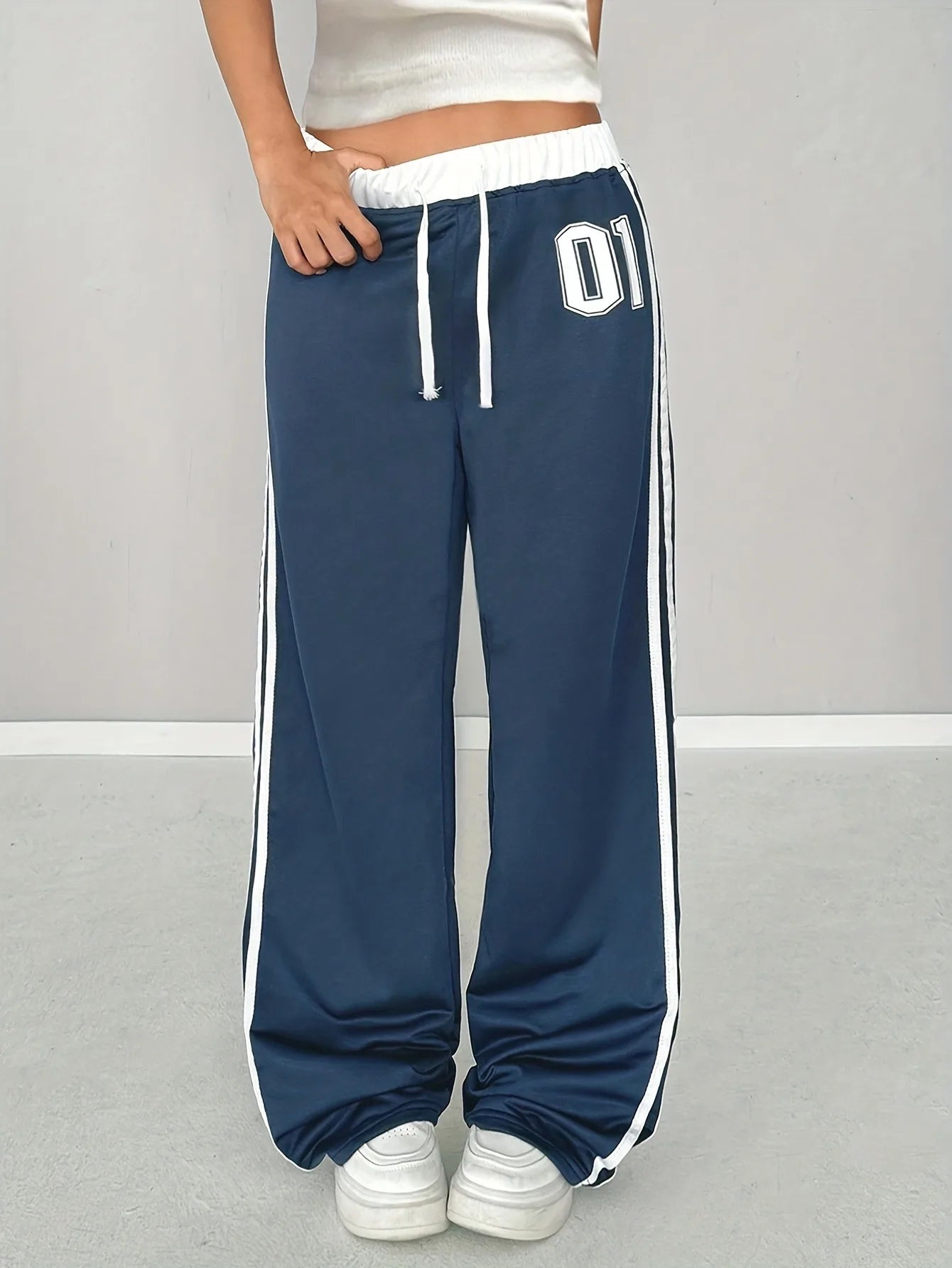 Girls Wide Leg Track Pants Number 01 Print Side Stripe Elastic Drawstring Waist Kids Casual Sporty Pants