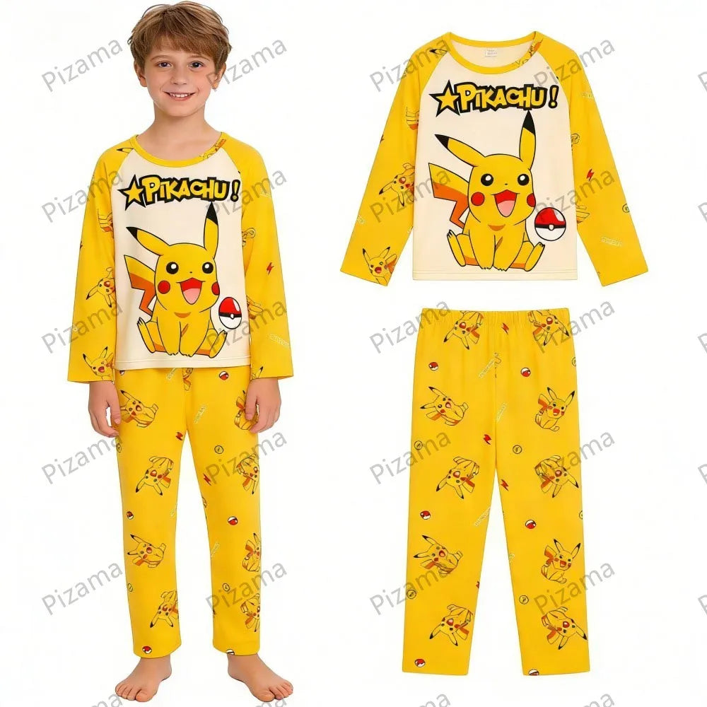 Full Sleeve Pokemon Anime Pikachu Children's Cartoon Pajamas Sets Teenager Home Clothes Kid Pyjamas Boy Sleepwear Adult Pyjamas