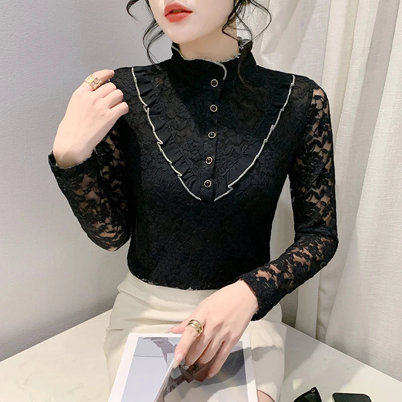 Fleece Lined Lace Long Sleeve Half High Collar Base Shirt Women's Sexy Mesh Top Slimming Versatile Korean Style Commute Wind