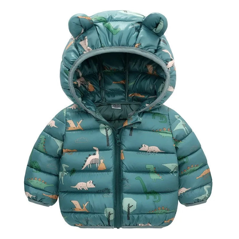 Cartoon Dinosaur Print Boys Baby Lightweight Down Jackets Warm Hooded Outerwear Winter Autumn Kids Girls Coats Casual Clothing