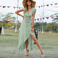 Bohemian Vacation Style Asymmetrical Short Sleeve Floral Cotton Silk Dress Waist Cinched  Wrap Long Skirt Summer