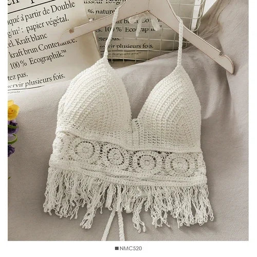Crop Tops Retro Wild Hollow Perspective Tassel Sexy Spaghetti Strap Tanke Top Women Built In Bra 2021 New Back Lace Halter Neck
