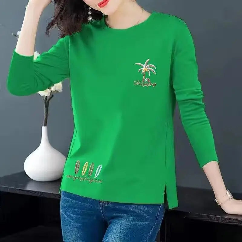 Women Korean Fashion Print Simple All Match T-shirt Spring Autumn Casual O Neck Irregular Tees Long Sleeve Loose Tops Ropa Mujer