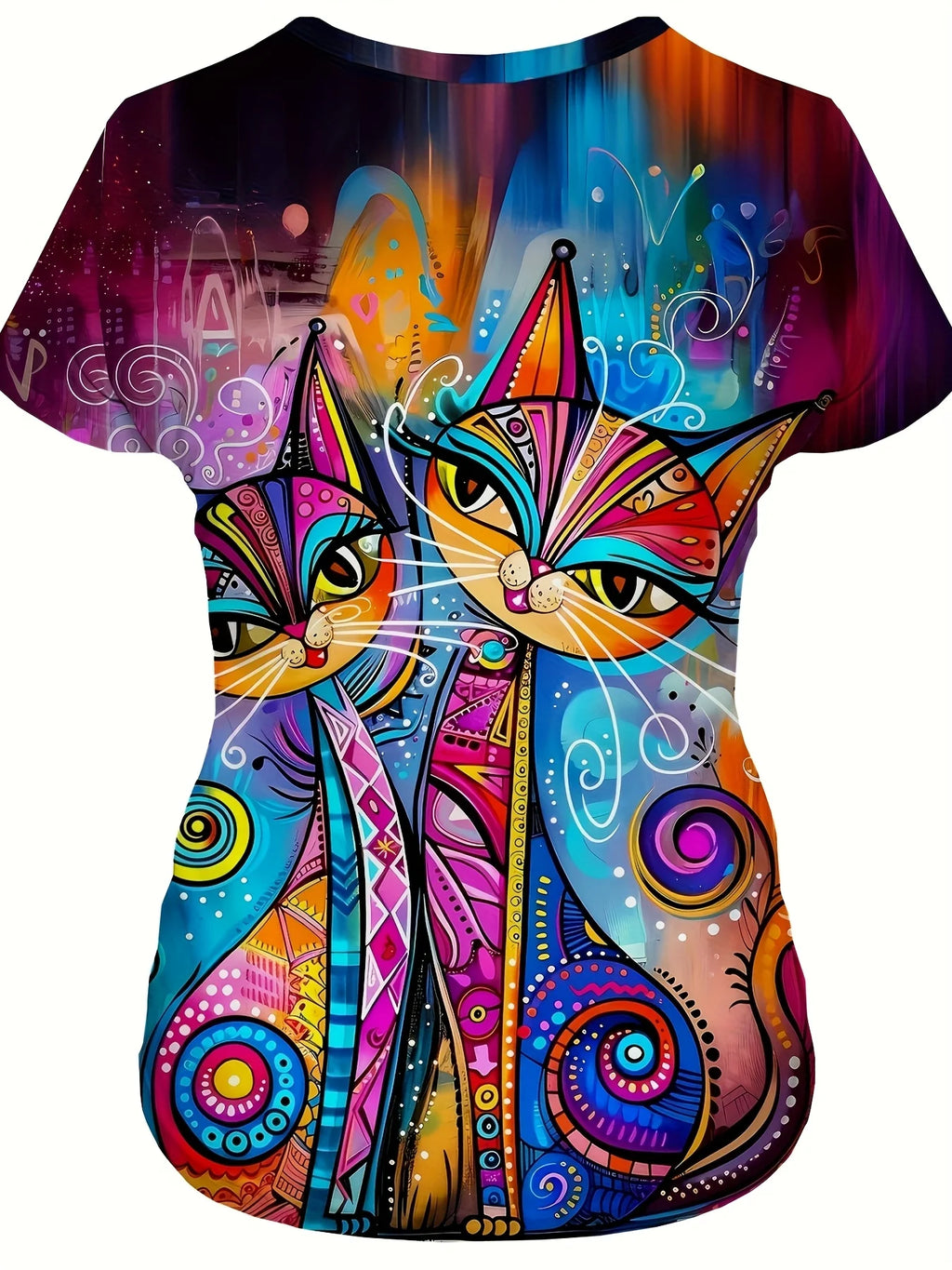 Vibrant Psychedelic Cat Women's Tee - Colorful Patterned Duo Graphic, Bold Boho Art Print Design for Casual Daily Wear