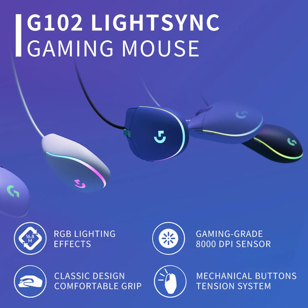Logitech G102 Wired Gaming Mouse Adjustable DPI 16.8M RGB Colors Mechanical Buttons Ergonomic Design for Competitive Gamers
