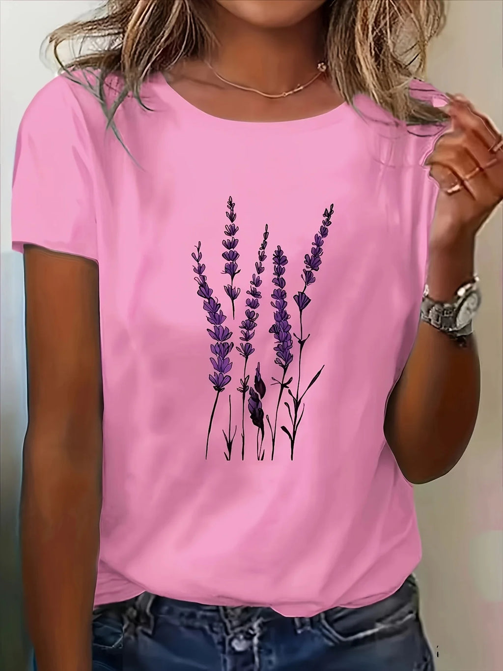 Women's Summer Casual Lavender Floral Print T-Shirt - Korean-Inspired Round Neck Short Sleeve Top Lavender Blouses