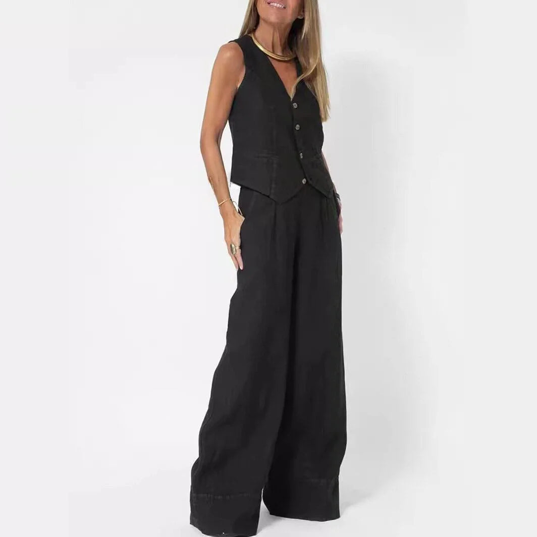 Fashionable Patchwork Cotton Linen Vest Wide Leg Pants Two Piece Set 2025 Spring Commute Style  Color Women's Suit