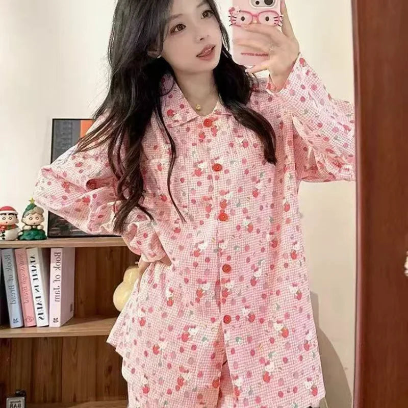 Sanrio Hello Kitty Girl Pajamas Sets Kawaii Women Cartoon Spring Autumn New Long Sleeves Trousers 2Pcs Leisure Home Clothing Hot