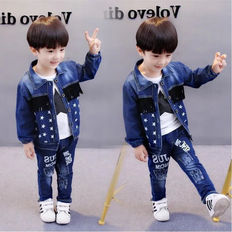 Children's Set 2025 New Spring and Autumn Boys' Korean Edition Denim Set Coat+T-shirt+Jeans Infant Fashion Three Piece Set 0-6Y