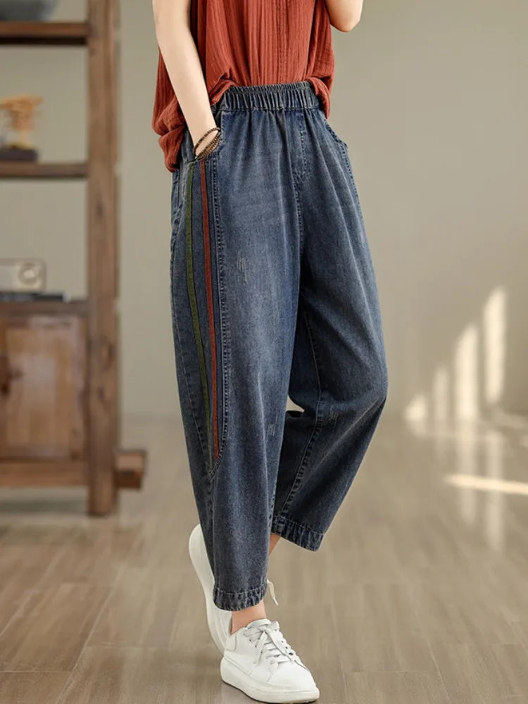 Retro Full Cotton Washed Denim Pants Women's Spring Summer Elastic Waist Patchwork Dad Harlan Blue Straight Leg Trousers