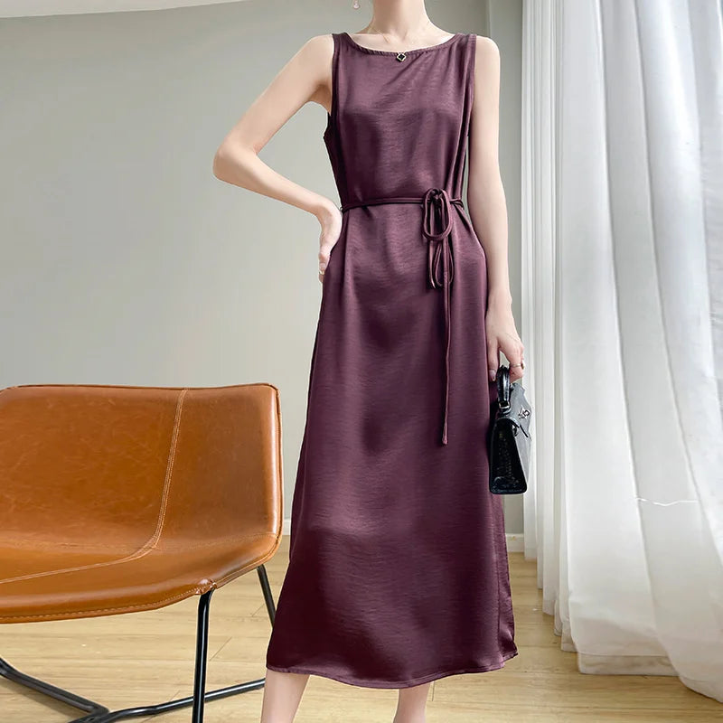 Summer 2024 Women's Sleeveless Vest Dress Korean Style Acetate Satin Long Skirt with Belt Tea Break Method Slimming Gown