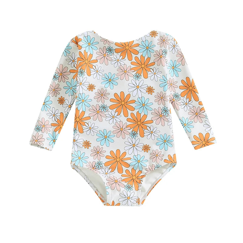 0-4Y Baby Girls Long Sleeve Swimwear Floral Print Back Cut Out Knot Swimsuits Toddler Bathing Suits Beachwear Kids Bikini
