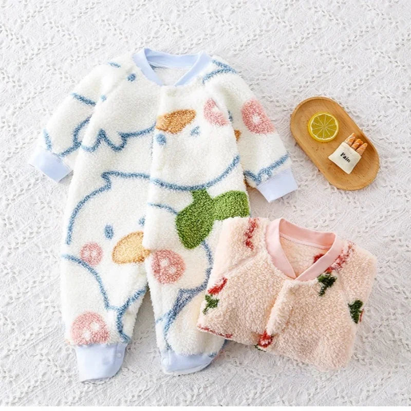 2026 Boys Girls Winter Spring Jumpsuit 0-24M Newborn Fleece Lined Long Sleeve Onesie Infant Cartoon Print Soft Warm Baby Romper