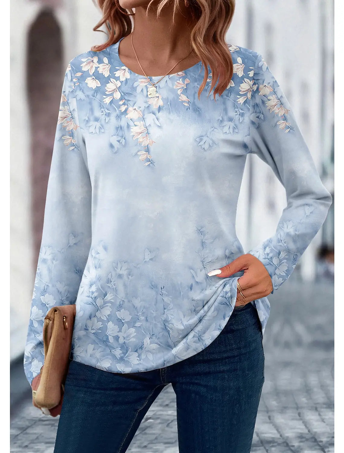 2024 Women's T shirt 3D Print Floral Leaf Design Long Sleeve Daily Weekend Fashion Round Neck Regular Fit Spring & Summer