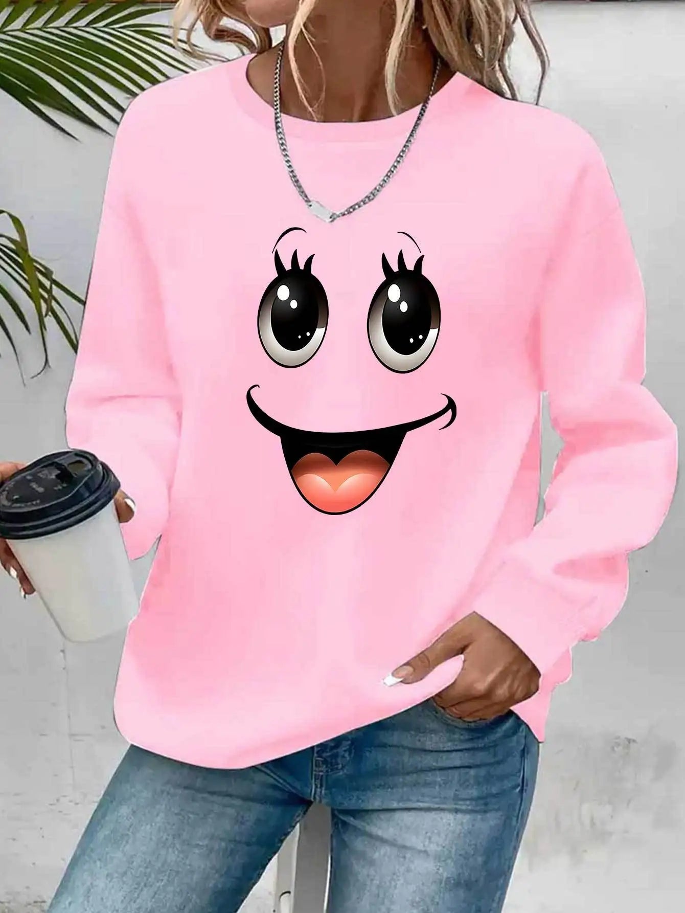 Women's autumn and winter casual, fashionable, loose, comfortable, warm, Paris pattern printed round neck long sleeved pullover