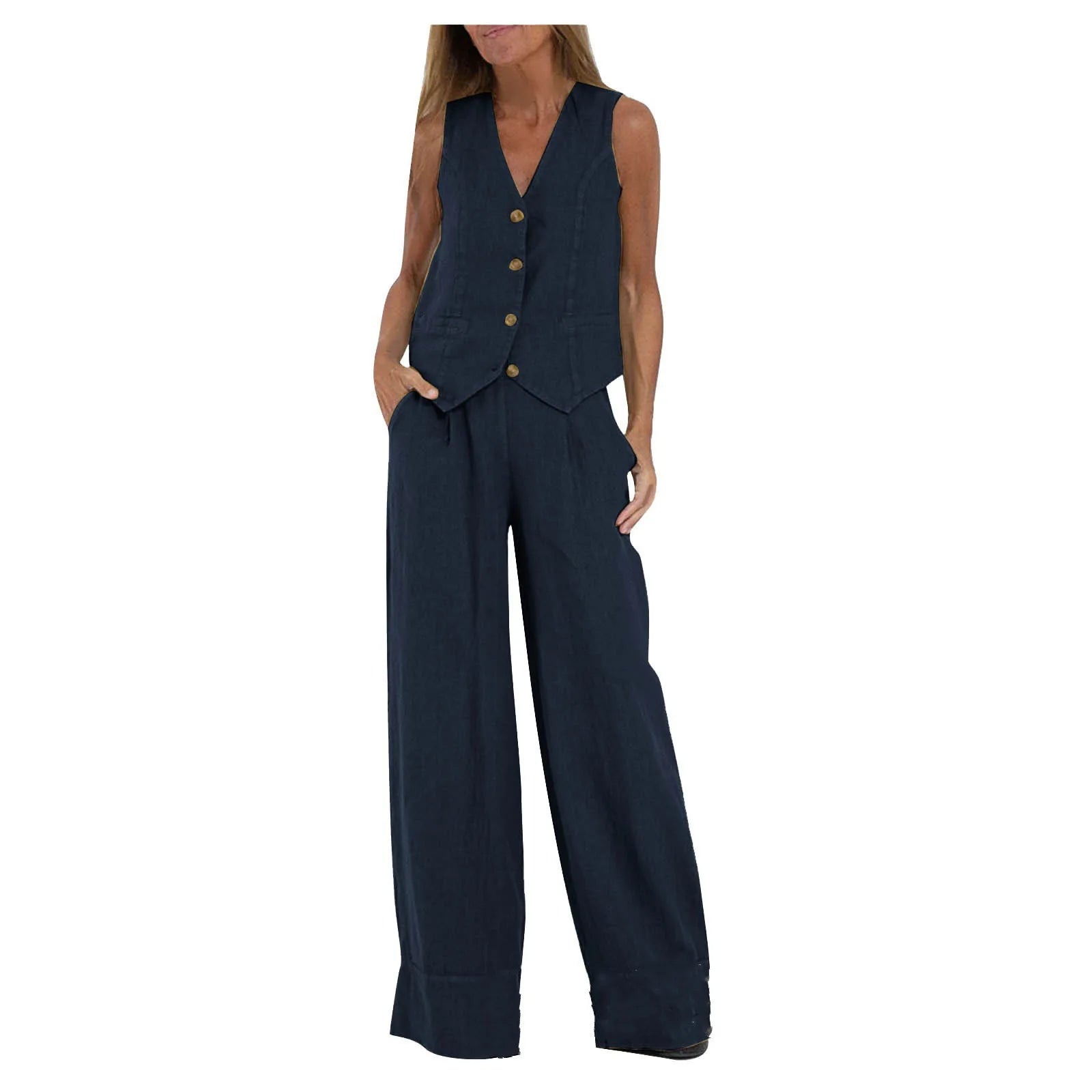 Fashion Patchwork Cotton Linen Vest Pants Casual Suit Women's High Waist Long Pants V-Neck Sleeveless Summer Outfit Set